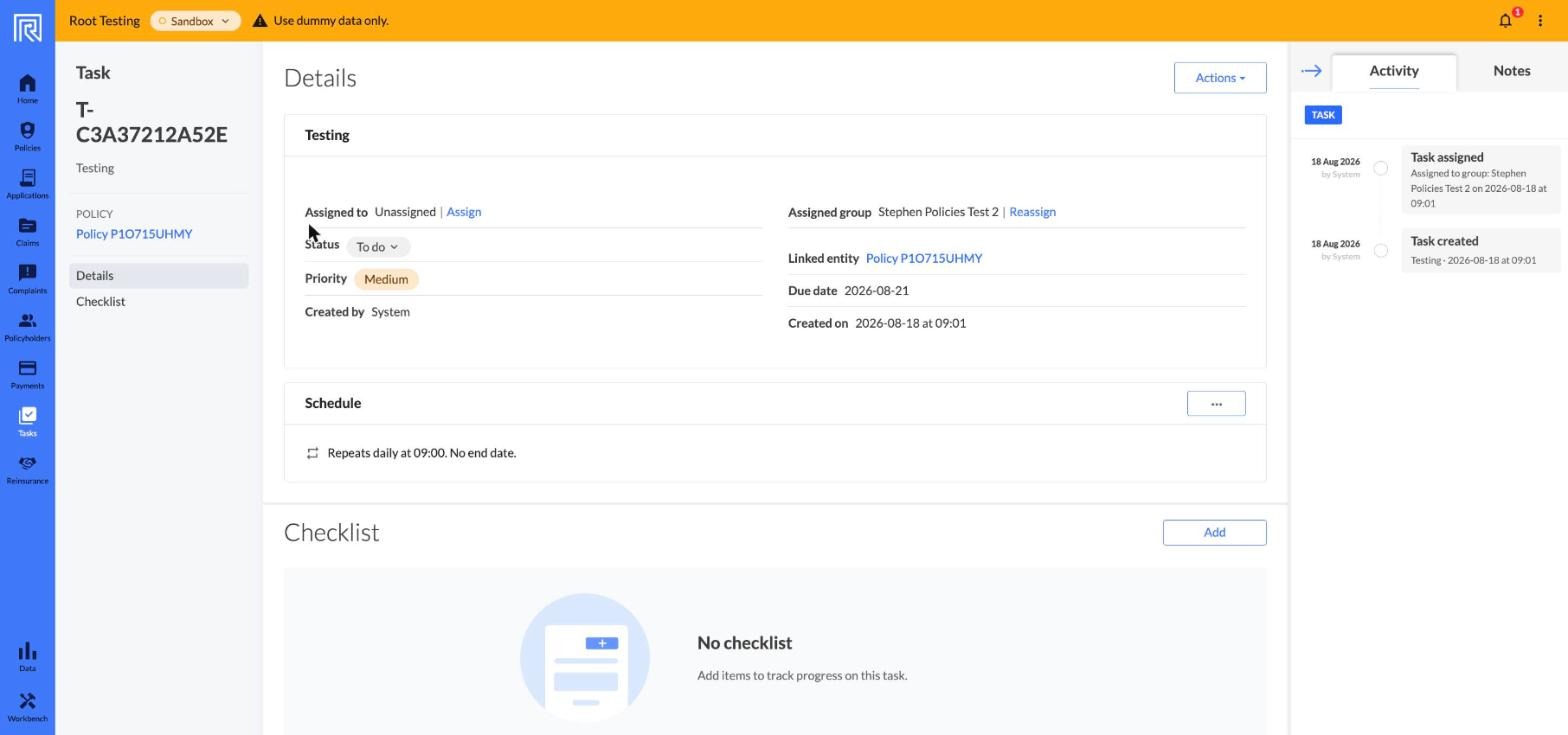 A task's Details view, showing status, assignment, schedule, and the Activity panel