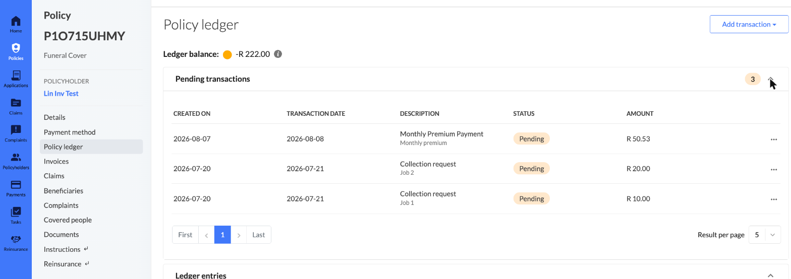 The Pending transactions panel expanded, listing transactions with their status and amount
