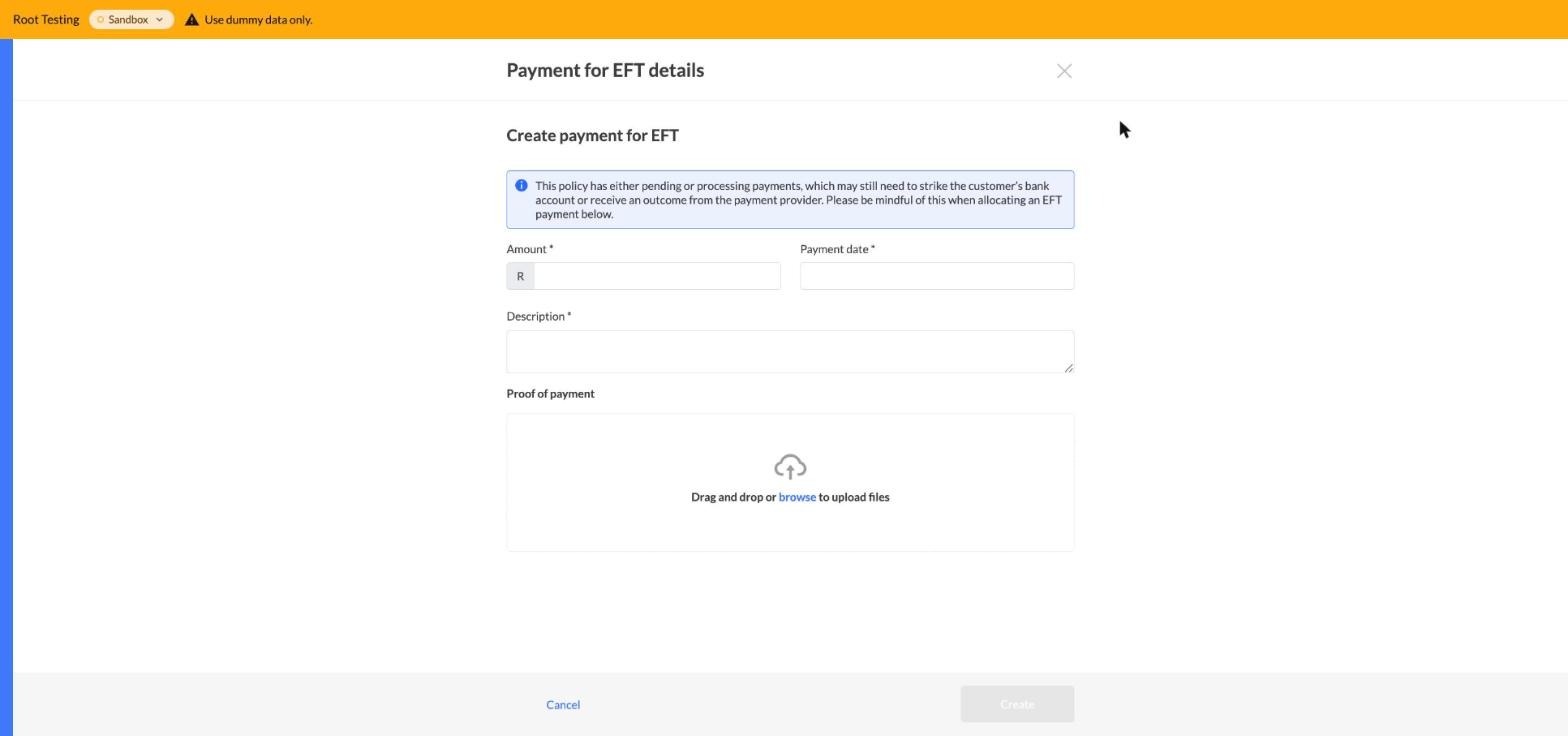The Payment for EFT details form, with Amount, Payment date, Description, and a Proof of payment upload area